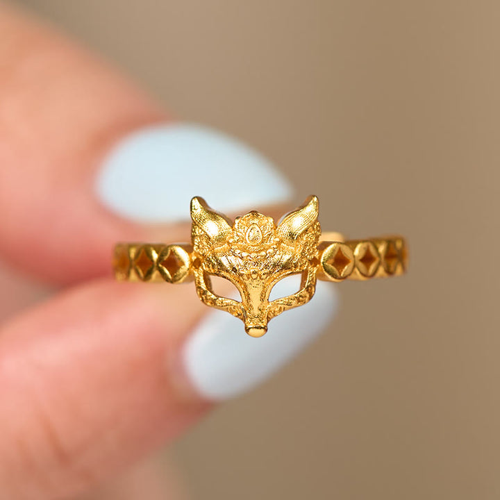 Anello regolabile con design cavo a forma di moneta di volpe in ottone placcato oro 24k Buddha Stones - image 3
