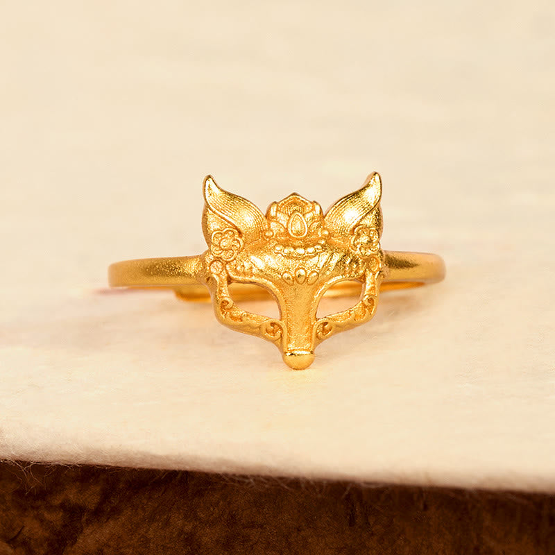 Anello in ottone placcato oro 24k con maschera di volpe e Buddha Stones - image 2