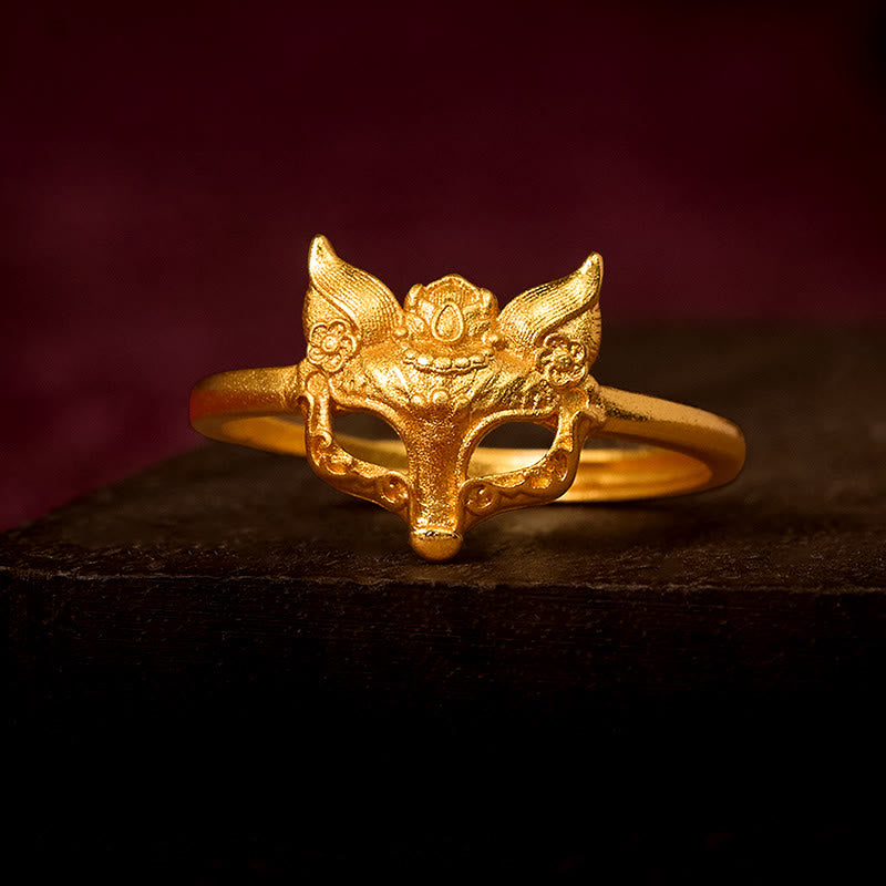 Anello in ottone placcato oro 24k con maschera di volpe e Buddha Stones - Regolabile - image 0