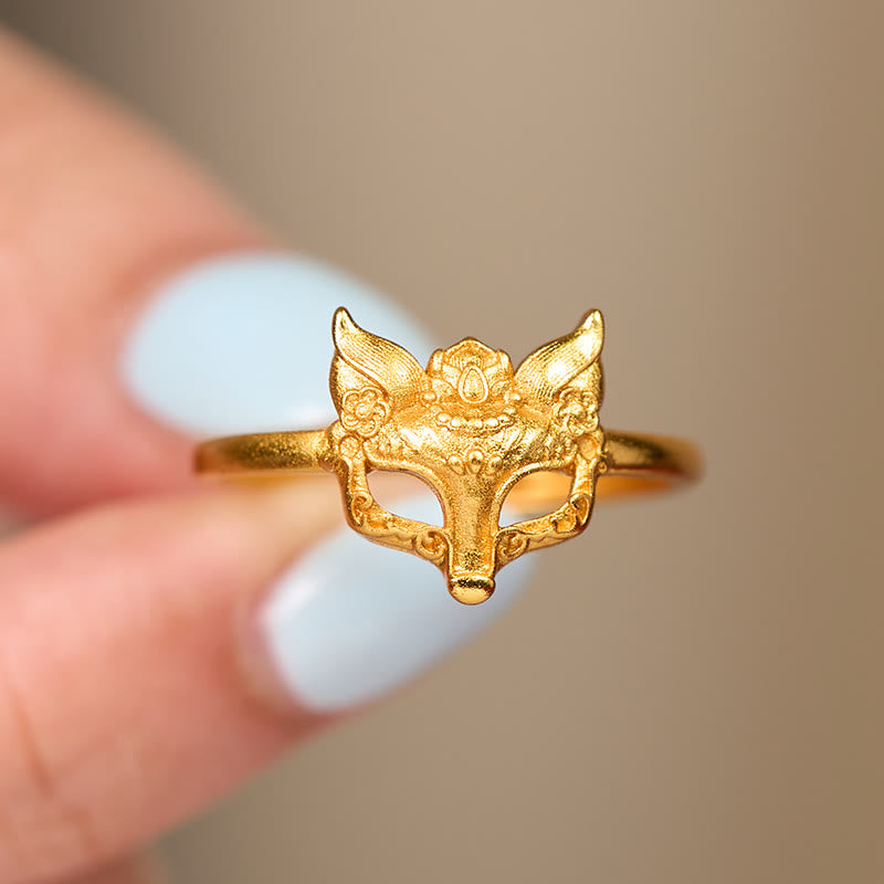Anello in ottone placcato oro 24k con maschera di volpe e Buddha Stones - image 3