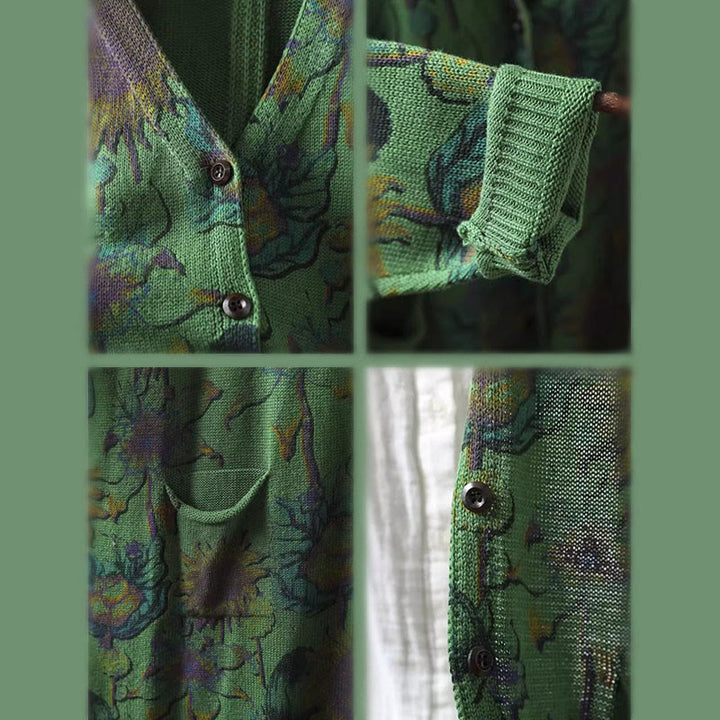 Cardigan lavorato a maglia a maniche lunghe con bottoni di media lunghezza, motivo girasole, da donna, con tasche Buddha Stones - image 11