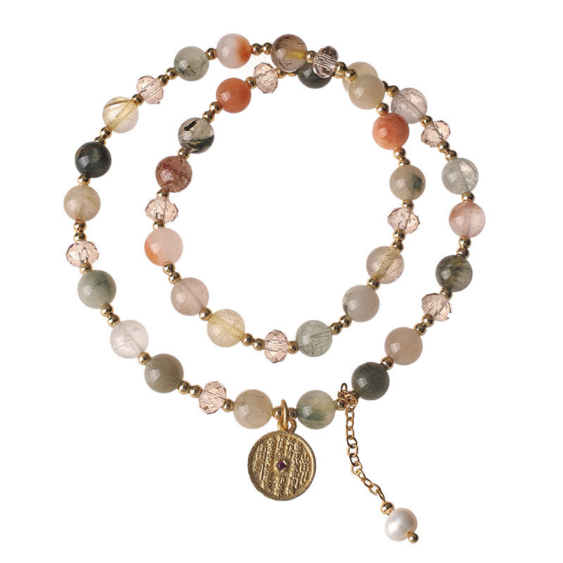 Braccialetto a doppio giro Buddha Stones, quarzo rutilato colorato e rame, simbolo di buon auspicio - image 4