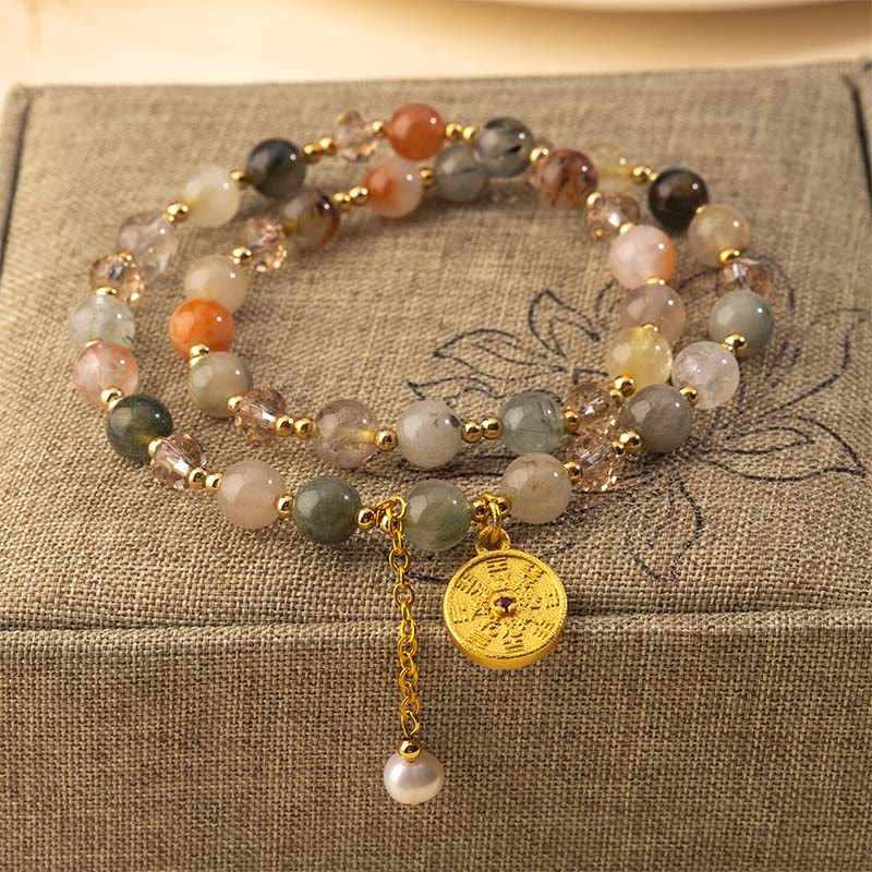 Braccialetto a doppio giro Buddha Stones, quarzo rutilato colorato e rame, simbolo di buon auspicio - Quarzo rutilato (circonferenza del polso: 16-17 cm) - image 0
