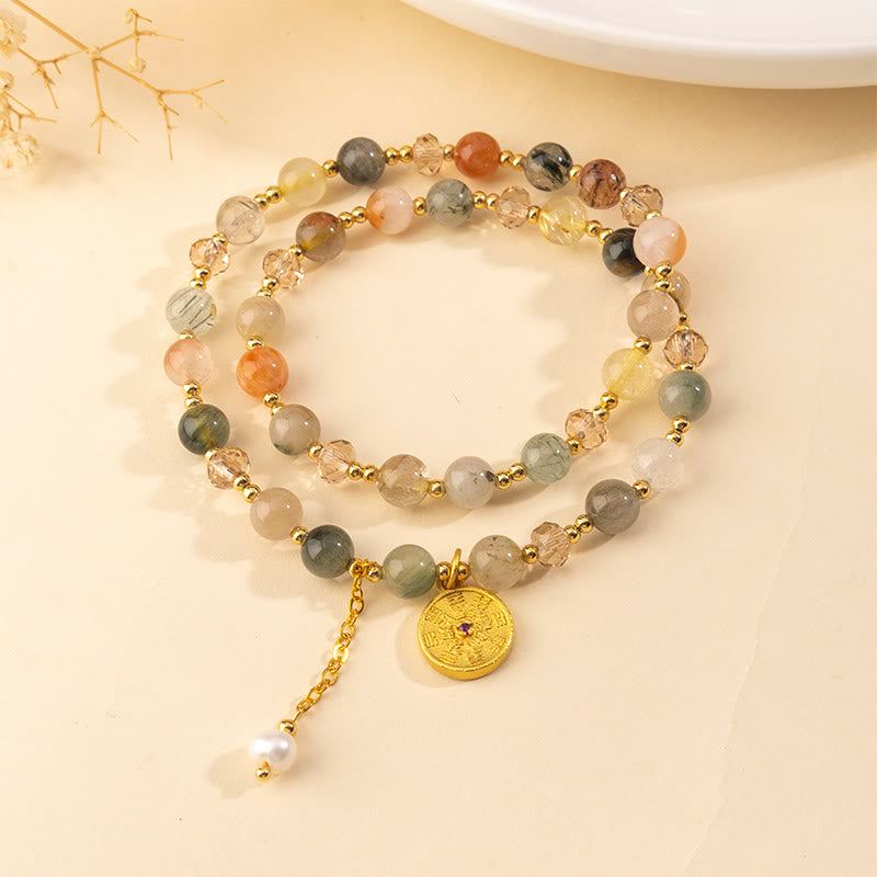 Braccialetto a doppio giro Buddha Stones, quarzo rutilato colorato e rame, simbolo di buon auspicio - image 1