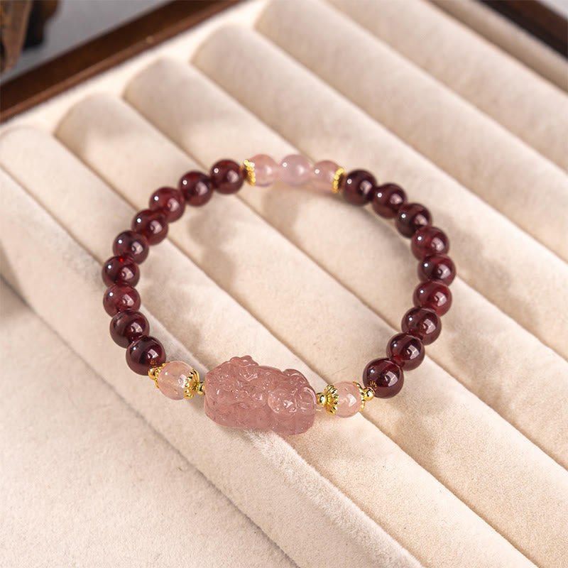Braccialetto portafortuna Pixiu in quarzo fragola e granato Buddha Stones - image 1