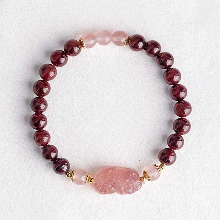 Braccialetto portafortuna Pixiu in quarzo fragola e granato Buddha Stones - image 2
