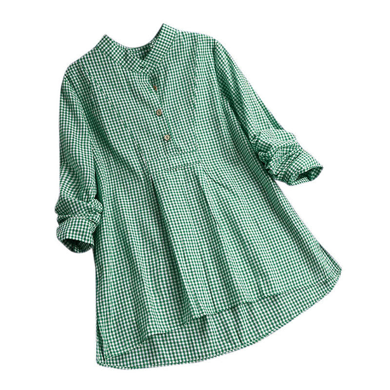 Camicia a quadri a maniche lunghe con bottoni da donna Buddha Stones - Verde Primavera - US16, UK/AU20, EU48 (5XL) - image 8
