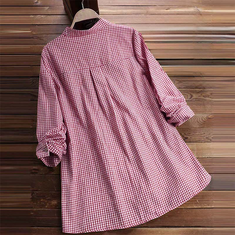 Camicia a quadri a maniche lunghe con bottoni da donna Buddha Stones - image 3
