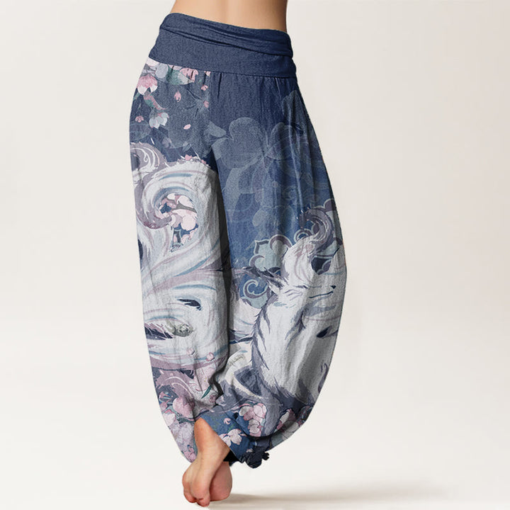 Pantaloni harem da donna con elastico in vita, in cotone e volpe, con fiori di ciliegio , Buddha Stones - image 8