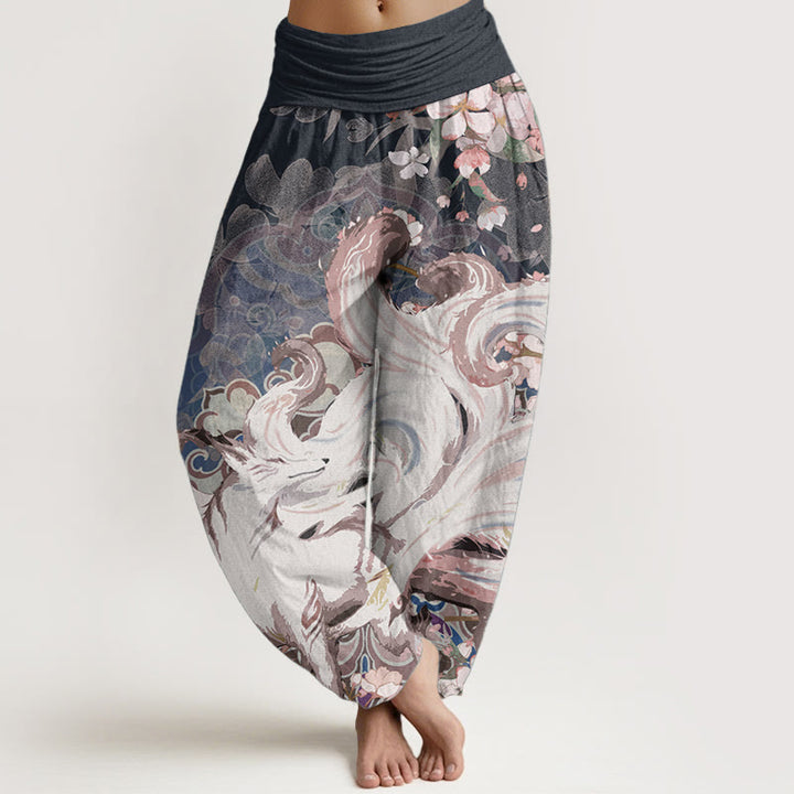 Pantaloni harem da donna con elastico in vita, in cotone e volpe, con fiori di ciliegio , Buddha Stones - Blu mezzanotte - US22, UK/AU26, EU54 (6XL) - image 0