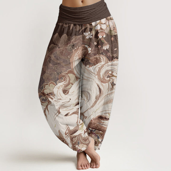 Pantaloni harem da donna con elastico in vita, in cotone e volpe, con fiori di ciliegio , Buddha Stones - Marrone sella - US22, UK/AU26, EU54 (6XL) - image 4