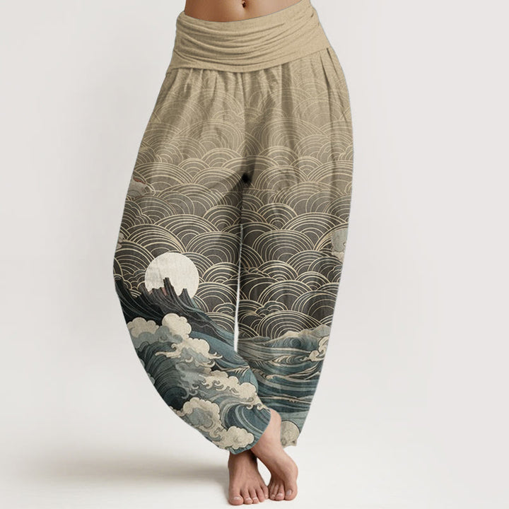 Pantaloni harem da donna con elastico in vita, motivo a onde, luna e montagne, in cotone, casual, con Buddha Stones - Grano - US22, UK/AU26, EU54 (6XL) - image 7