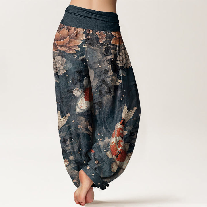 Pantaloni harem da donna con elastico in vita, in cotone, con motivo a Buddha Stones koi colorati e fiori di loto - image 8