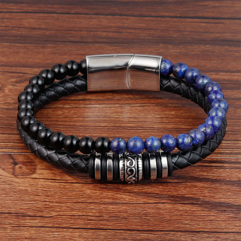 Bracciale Buddha Stones in onice nero, lazurite, lapislazzuli, acciaio al titanio, fortuna e calma, in pelle - Lazurite di onice nero (circonferenza del polso: 18-19 cm) - image 0