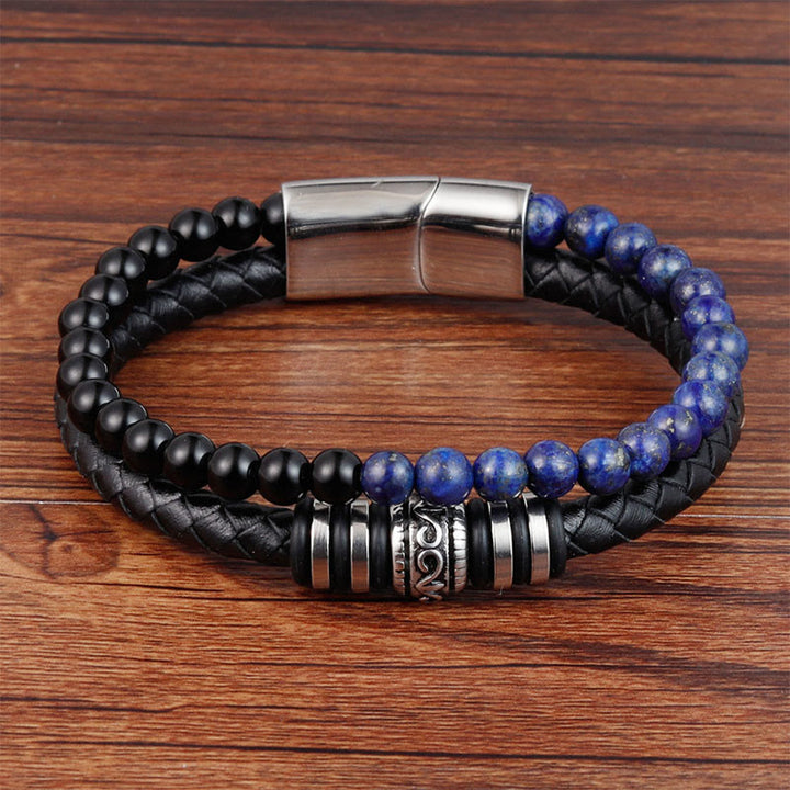 Bracciale Buddha Stones in onice nero, lazurite, lapislazzuli, acciaio al titanio, fortuna e calma, in pelle - Lazurite di onice nero (circonferenza del polso: 18-19 cm) - image 0