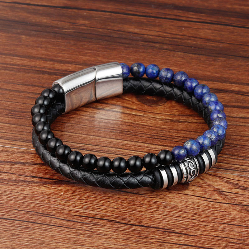Bracciale Buddha Stones in onice nero, lazurite, lapislazzuli, acciaio al titanio, fortuna e calma, in pelle - image 1