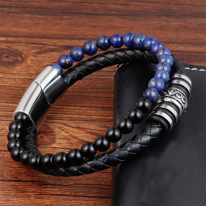 Bracciale Buddha Stones in onice nero, lazurite, lapislazzuli, acciaio al titanio, fortuna e calma, in pelle - image 3