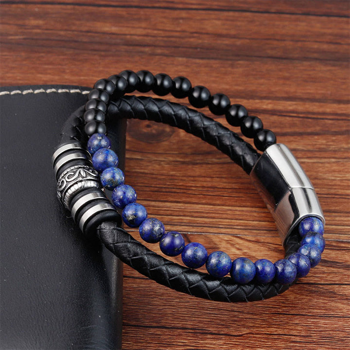 Bracciale Buddha Stones in onice nero, lazurite, lapislazzuli, acciaio al titanio, fortuna e calma, in pelle - image 4