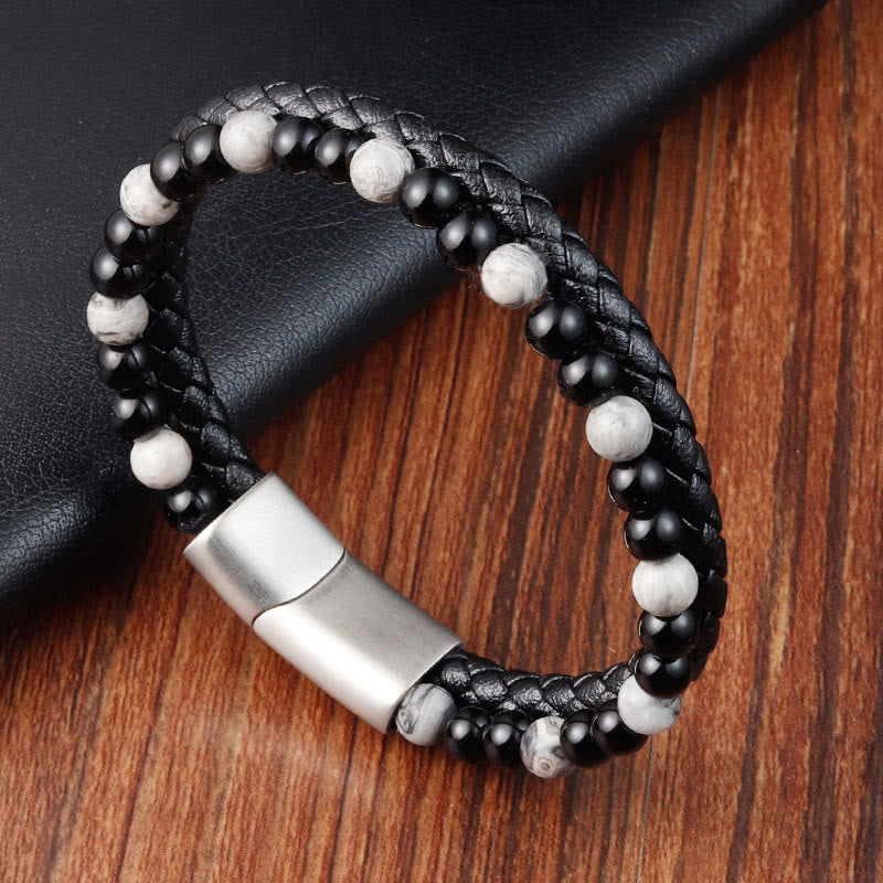 Bracciale in pelle con stabilità in acciaio al titanio, onice nero, diaspro grigio Buddha Stones - Onice nero Diaspro grigio (circonferenza polso: 18-19 cm) - image 0