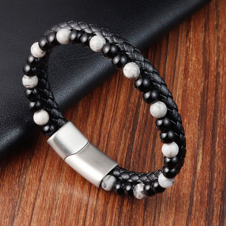 Bracciale in pelle con stabilità in acciaio al titanio, onice nero, diaspro grigio Buddha Stones - Onice nero Diaspro grigio (circonferenza polso: 18-19 cm) - image 0