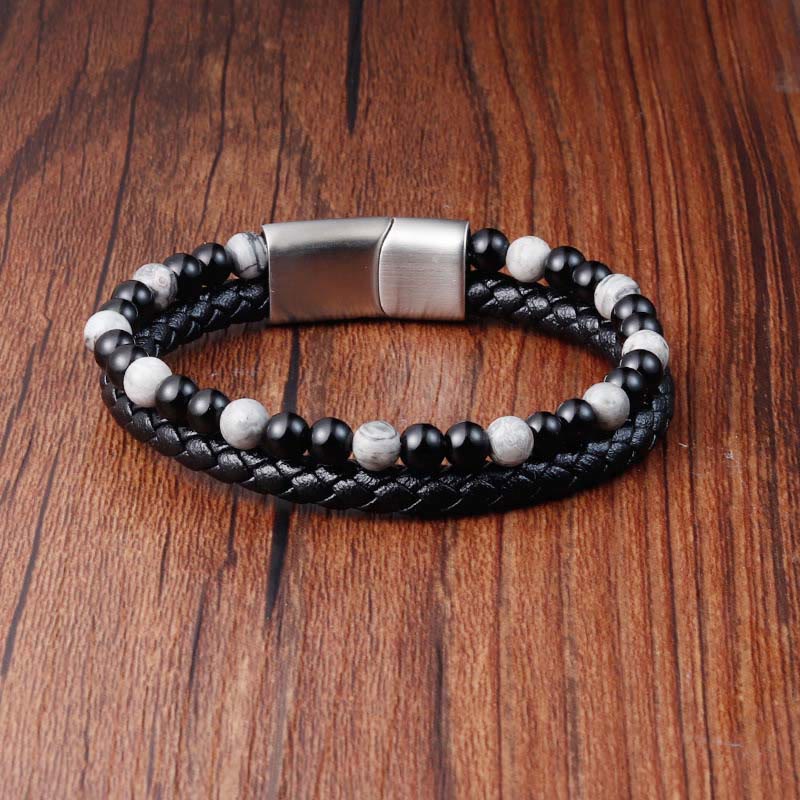 Bracciale in pelle con stabilità in acciaio al titanio, onice nero, diaspro grigio Buddha Stones - image 1