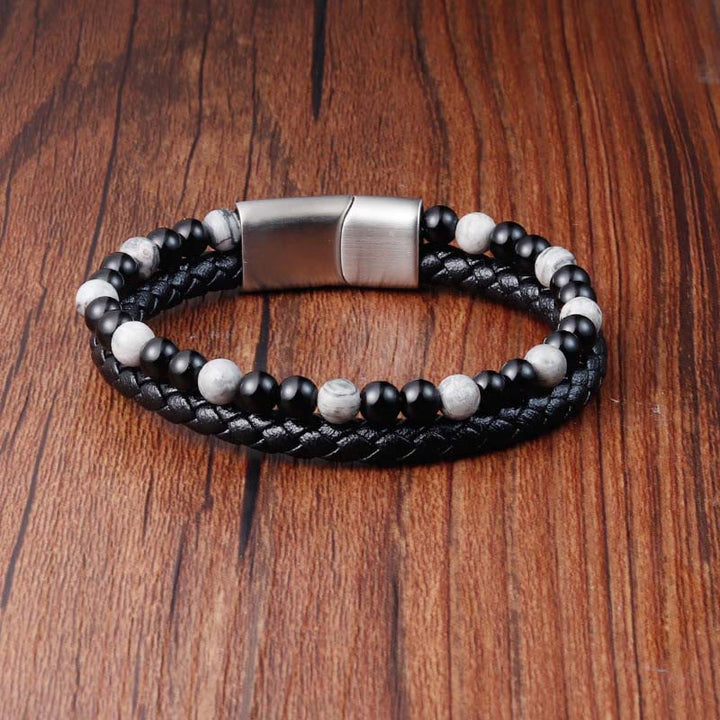 Bracciale in pelle con stabilità in acciaio al titanio, onice nero, diaspro grigio Buddha Stones - image 1