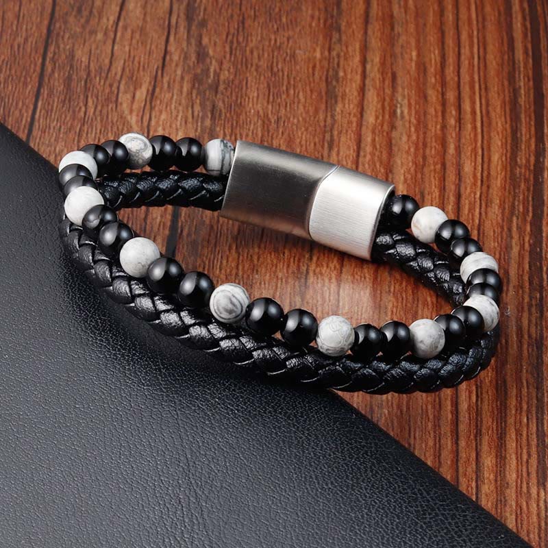 Bracciale in pelle con stabilità in acciaio al titanio, onice nero, diaspro grigio Buddha Stones - image 2