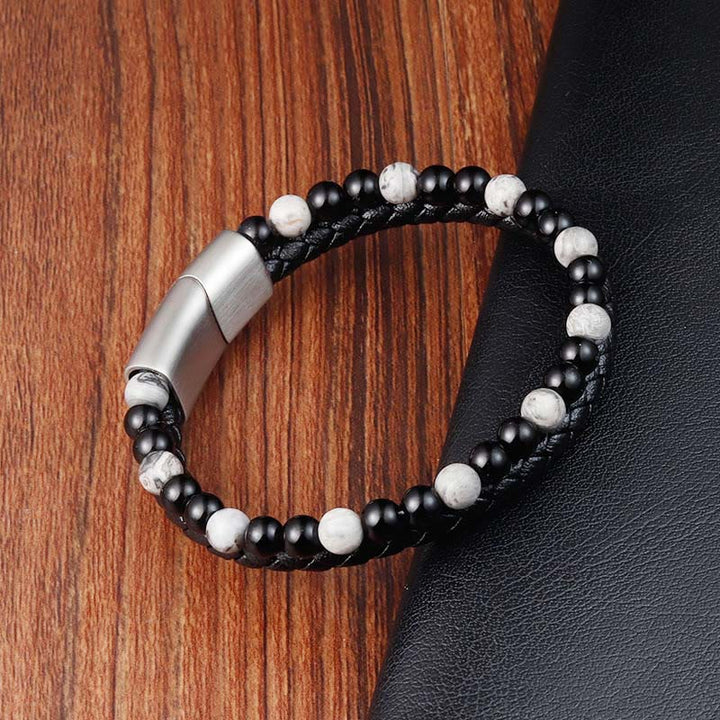 Bracciale in pelle con stabilità in acciaio al titanio, onice nero, diaspro grigio Buddha Stones - image 3