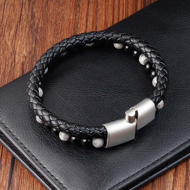 Bracciale in pelle con stabilità in acciaio al titanio, onice nero, diaspro grigio Buddha Stones - image 4