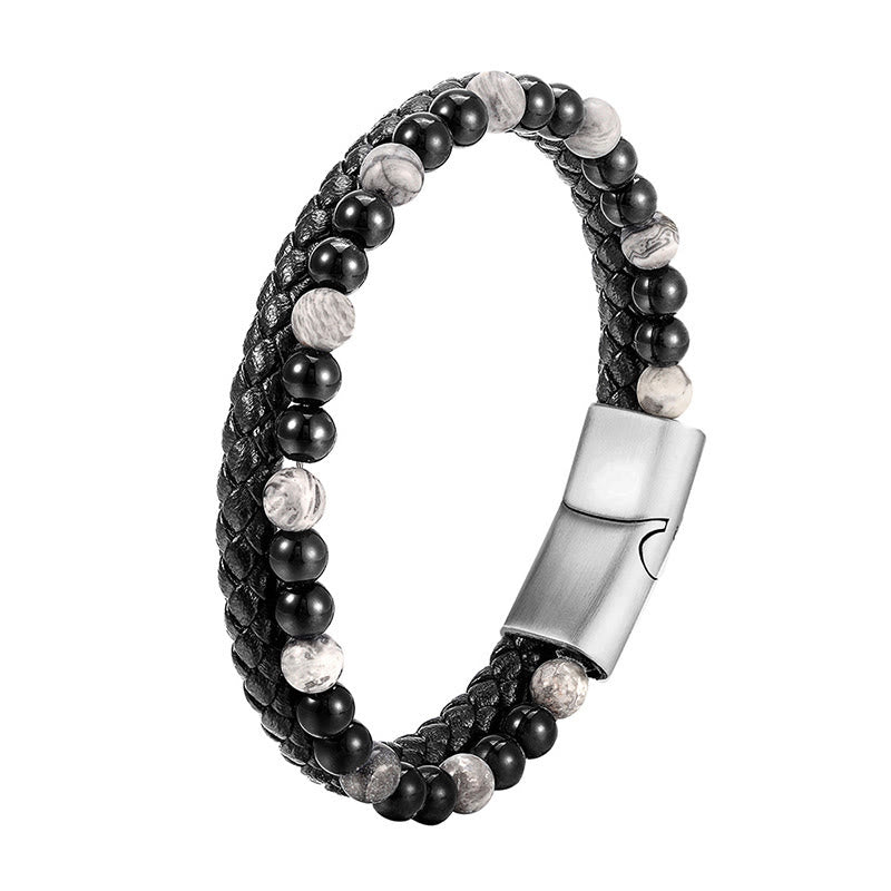 Bracciale in pelle con stabilità in acciaio al titanio, onice nero, diaspro grigio Buddha Stones - image 9