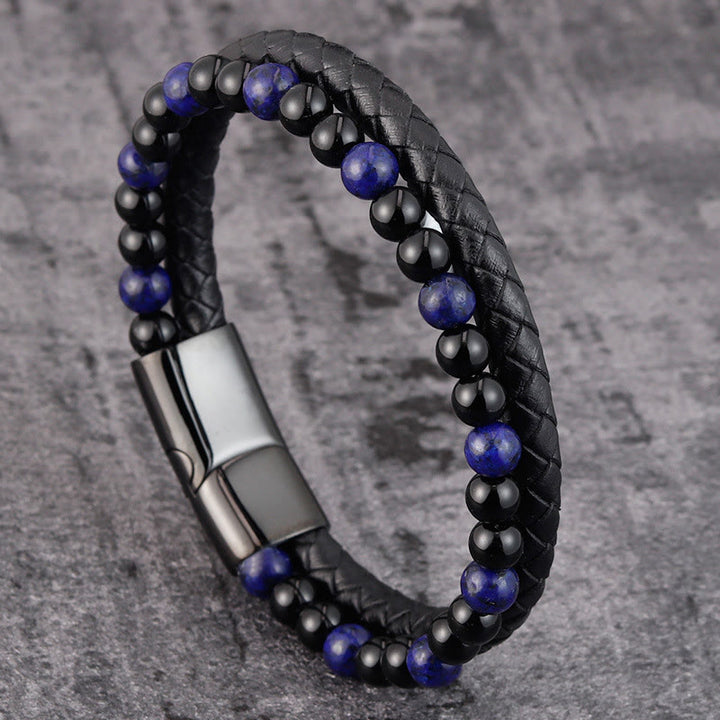 Bracciale in pelle Buddha Stones, onice nero, lazurite, lapislazzuli, acciaio al titanio e cura di sé positiva - Lazurite di onice nero (circonferenza del polso: 18-19 cm) - image 0