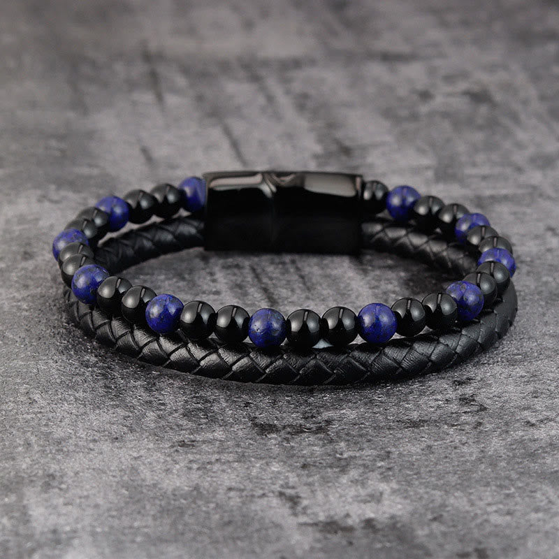 Bracciale in pelle Buddha Stones, onice nero, lazurite, lapislazzuli, acciaio al titanio e cura di sé positiva - image 1