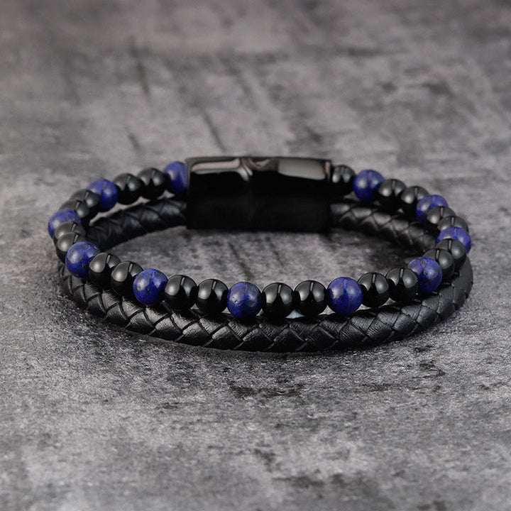 Bracciale in pelle Buddha Stones, onice nero, lazurite, lapislazzuli, acciaio al titanio e cura di sé positiva - image 1