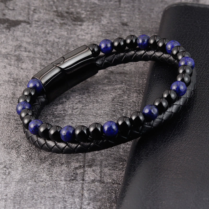 Bracciale in pelle Buddha Stones, onice nero, lazurite, lapislazzuli, acciaio al titanio e cura di sé positiva - image 2
