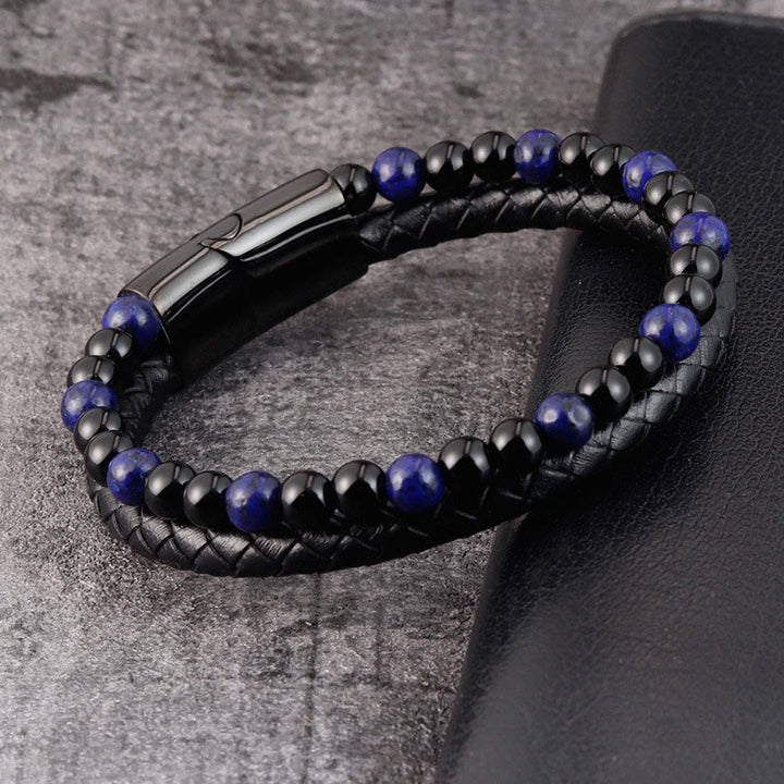 Bracciale in pelle Buddha Stones, onice nero, lazurite, lapislazzuli, acciaio al titanio e cura di sé positiva - image 2
