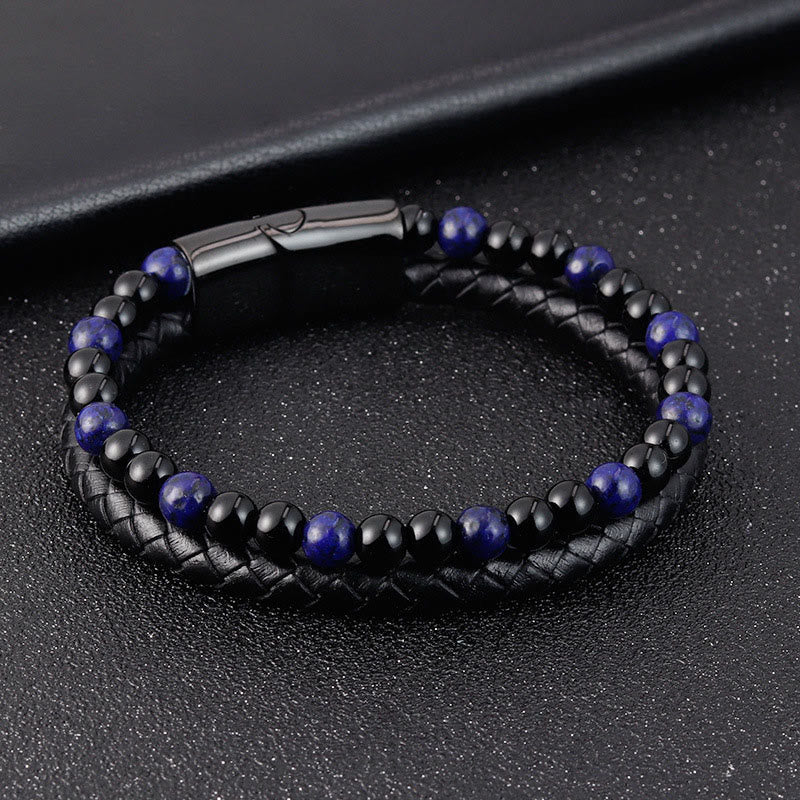 Bracciale in pelle Buddha Stones, onice nero, lazurite, lapislazzuli, acciaio al titanio e cura di sé positiva - image 3
