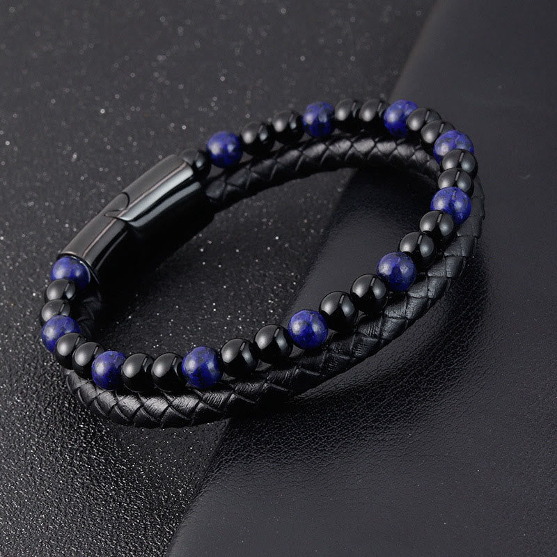 Bracciale in pelle Buddha Stones, onice nero, lazurite, lapislazzuli, acciaio al titanio e cura di sé positiva - image 4
