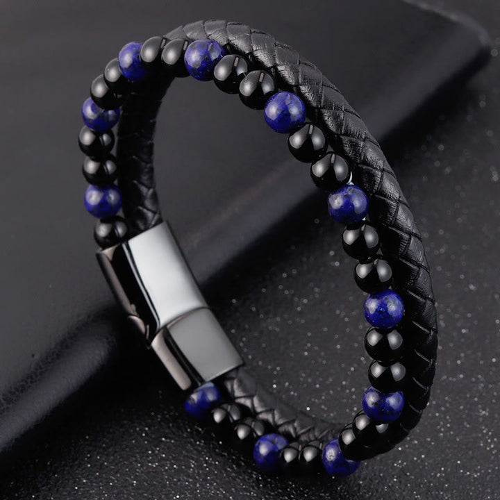 Bracciale in pelle Buddha Stones, onice nero, lazurite, lapislazzuli, acciaio al titanio e cura di sé positiva - image 9