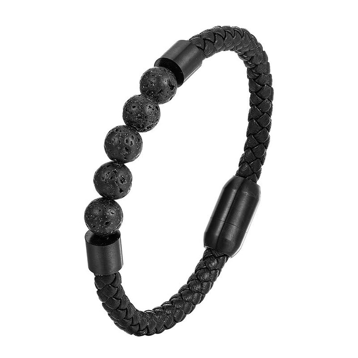 Bracciale in pelle stimolante in acciaio al titanio con occhio di tigre, pietra lavica smerigliata Buddha Stones - Roccia lavica (circonferenza del polso: 18-19 cm) - image 5
