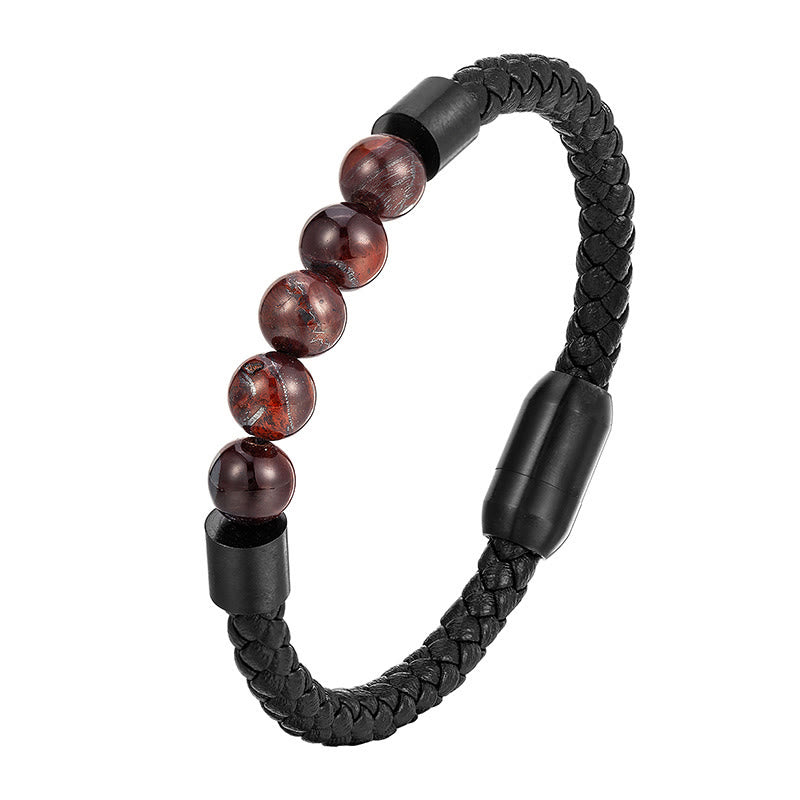 Bracciale in pelle stimolante in acciaio al titanio con occhio di tigre, pietra lavica smerigliata Buddha Stones - Occhio di tigre rosso (circonferenza del polso: 18-19 cm) - image 7