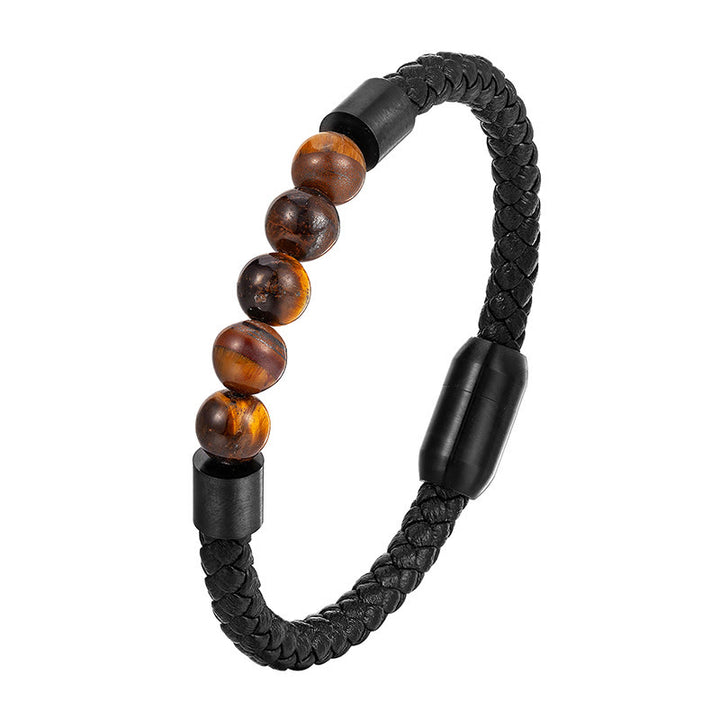Bracciale in pelle stimolante in acciaio al titanio con occhio di tigre, pietra lavica smerigliata Buddha Stones - Occhio di tigre (circonferenza del polso: 18-19 cm) - image 9