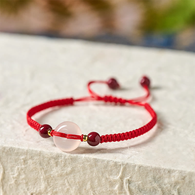 Bracciale con nodo piatto in agata bianca, Buddha Stones della pace, nodo diamantato e cordino rosso - image 20