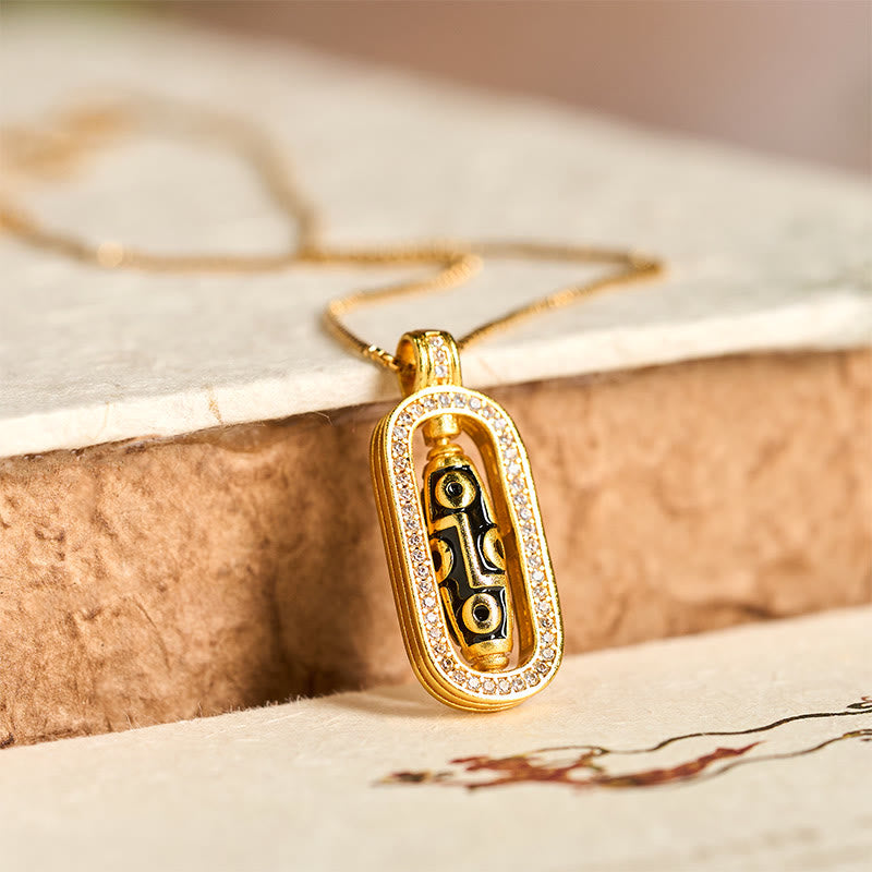 Collana con ciondolo di fortuna e ricchezza, con perline Dzi a nove occhi in ottone placcato oro 24k Buddha Stones - Ottone - image 0