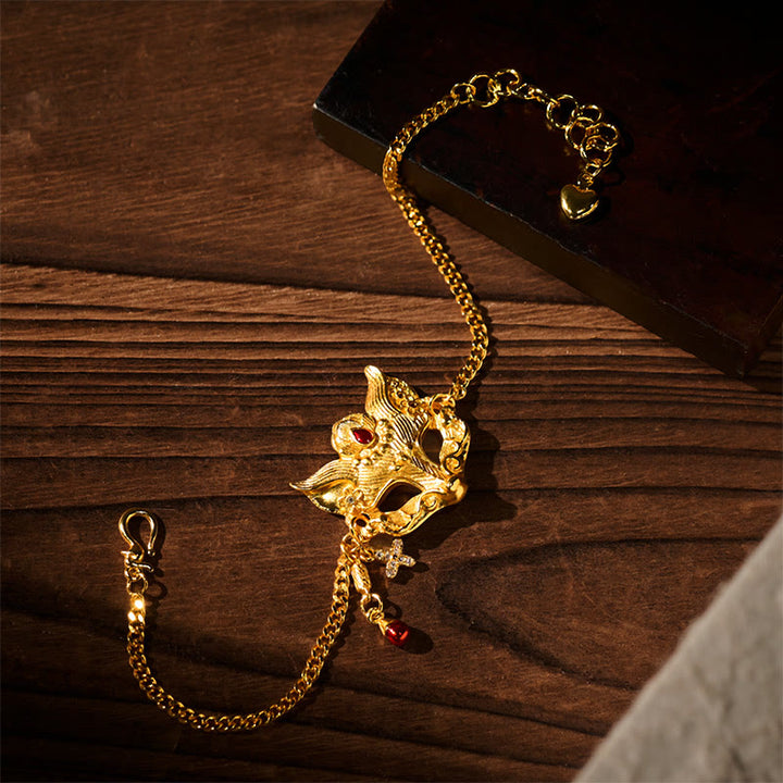 Bracciale con catena a nappa e ciondolo a forma di maschera di volpe in ottone placcato oro 24k Buddha Stones - Ottone (circonferenza del polso: 15-19 cm) - image 0