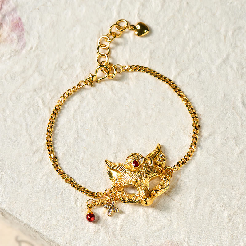 Bracciale con catena a nappa e ciondolo a forma di maschera di volpe in ottone placcato oro 24k Buddha Stones - image 3