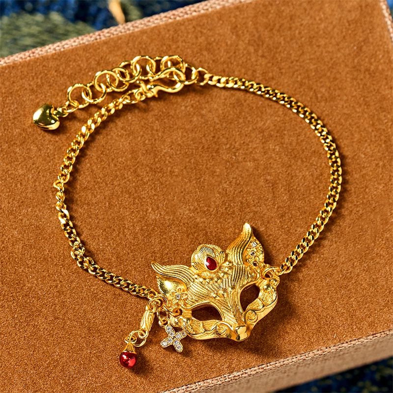 Bracciale con catena a nappa e ciondolo a forma di maschera di volpe in ottone placcato oro 24k Buddha Stones - image 1