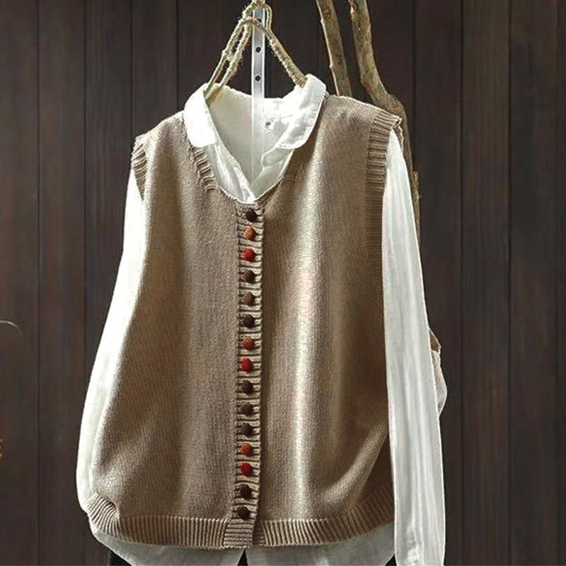 Gilet da donna senza maniche in maglia con bottoni colorati Buddha Stones - Tan - US4, UK/AU8, EU36-38 (F) - image 1