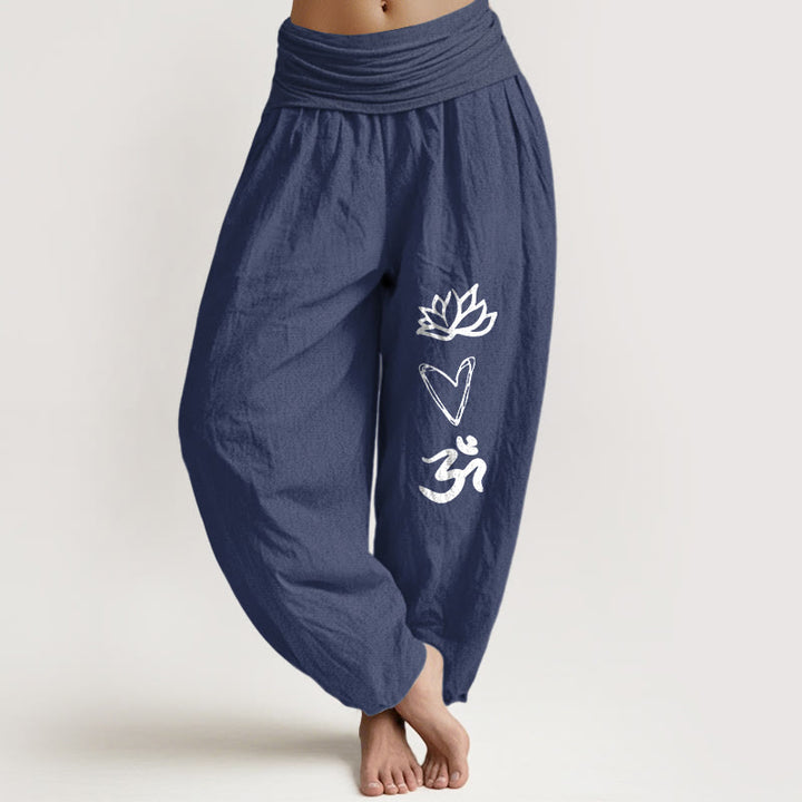 Pantaloni harem da donna con elastico in vita, in puro cotone, a forma di cuore di loto, con simbolo Om, motivo Buddha Stones - Blu ardesia scuro - US16, UK/AU20, EU48 (3XL) - image 0