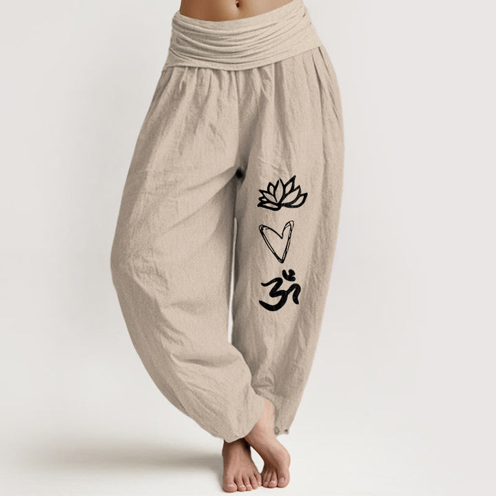 Pantaloni harem da donna con elastico in vita, in puro cotone, a forma di cuore di loto, con simbolo Om, motivo Buddha Stones - Tan - US16, UK/AU20, EU48 (3XL) - image 11