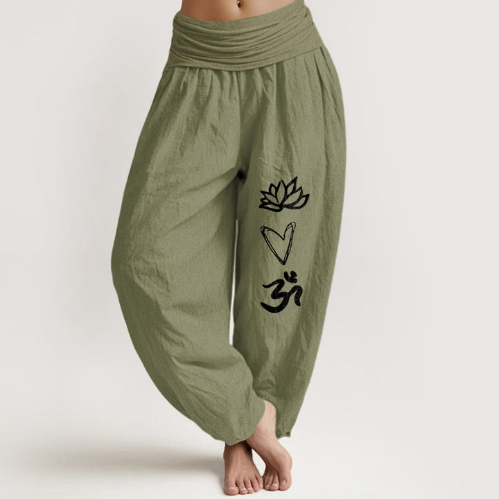 Pantaloni harem da donna con elastico in vita, in puro cotone, a forma di cuore di loto, con simbolo Om, motivo Buddha Stones - Verde oliva - US16, UK/AU20, EU48 (3XL) - image 14
